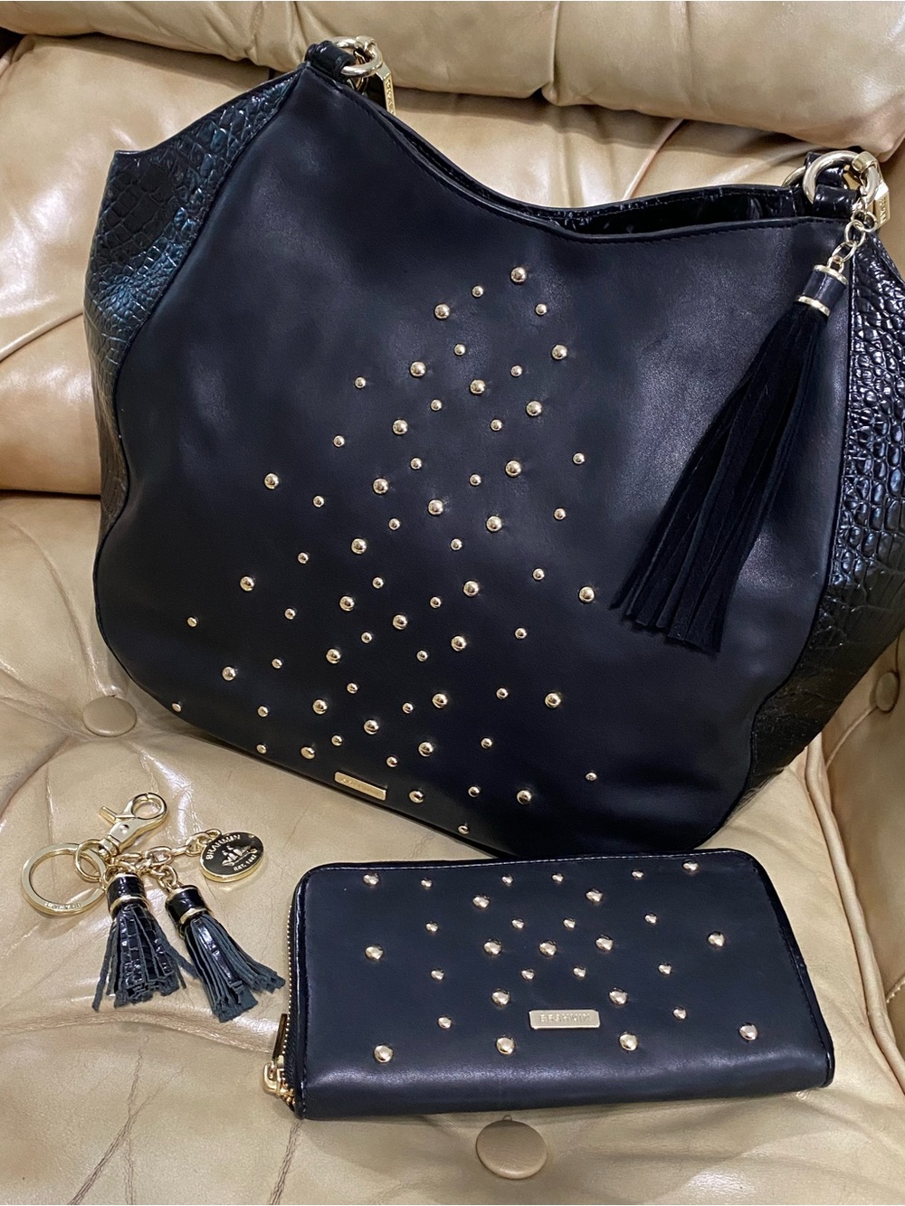 RARE Brahmin Nara Stud Marianna Tassel + Zip Wallet + Key Fob Leather Black/Gold
